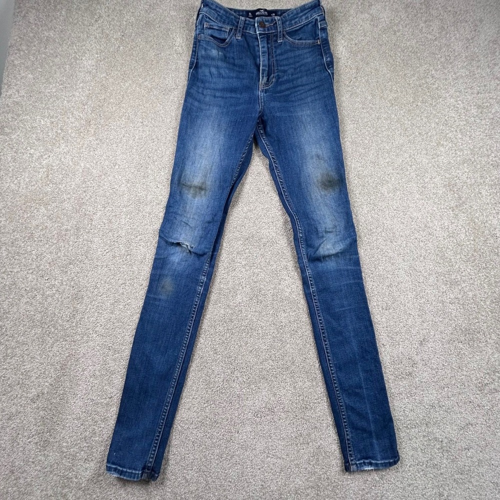 Hollister High Rise Super Skinny Jeans Womens 0L 24 Blue Denim Distressed Knee